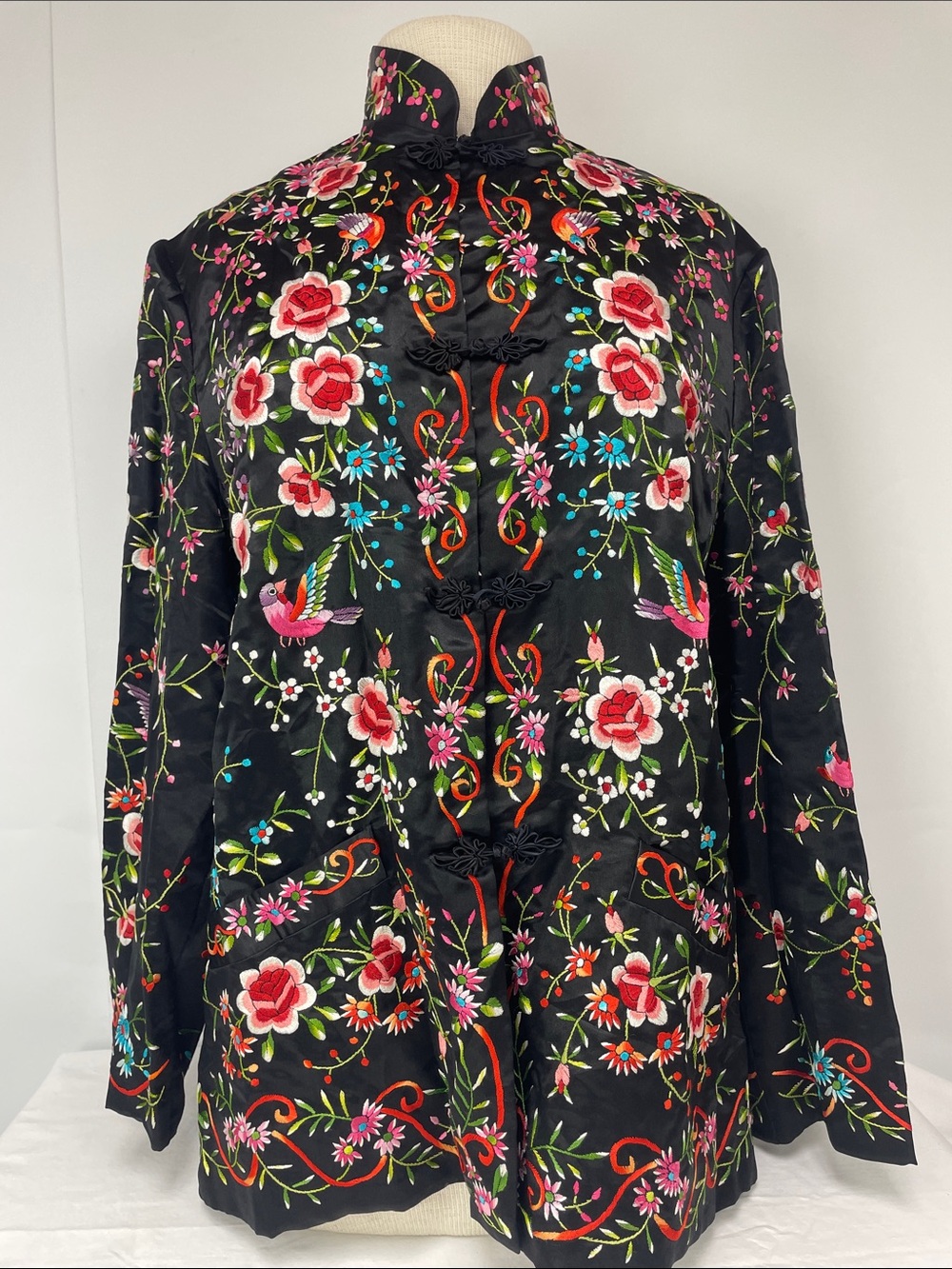 Black Embroidered Floral Mandarin Jacket, Size M-L